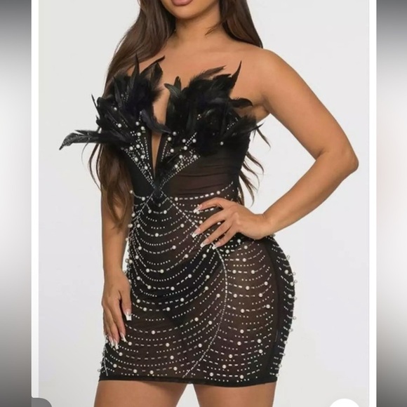 Halloween Feather Rhinestone Mesh Mini Dress Whimsigoth Costume Flapper Witch - Picture 3 of 11